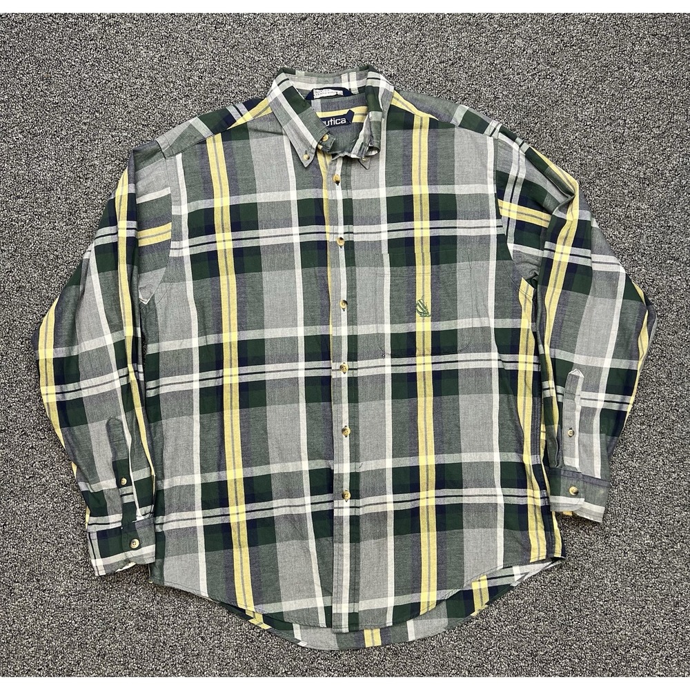 Vintage 90s Nautica Shirt Plaid button down Medium Green Yellow Long Sleeve